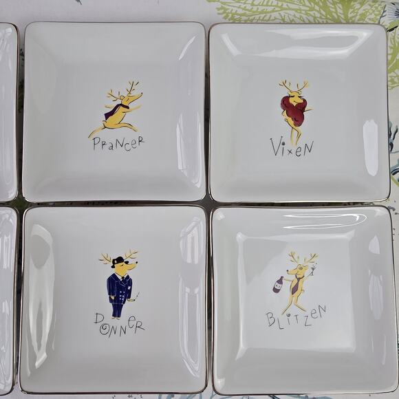 8 pc Pottery Barn Reindeer Appetizer Snack Cookie Plates Silver Trim 6.5" Square - Picture 4 of 7